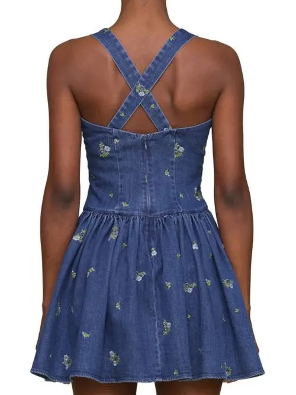 Avec Les Filles Denim Mini Dress with Floral Embroidery - Blue - Picture 4 of 6